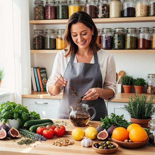 Φλιτζάνι τσάι από βότανα με φόντο το ηλιοβασίλεμα στην ελληνική ακτή.